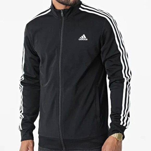 Adidas Tricot Track Jacket Men's Small Black/White Essentials 3 Stripes NEW - Picture 1 of 10